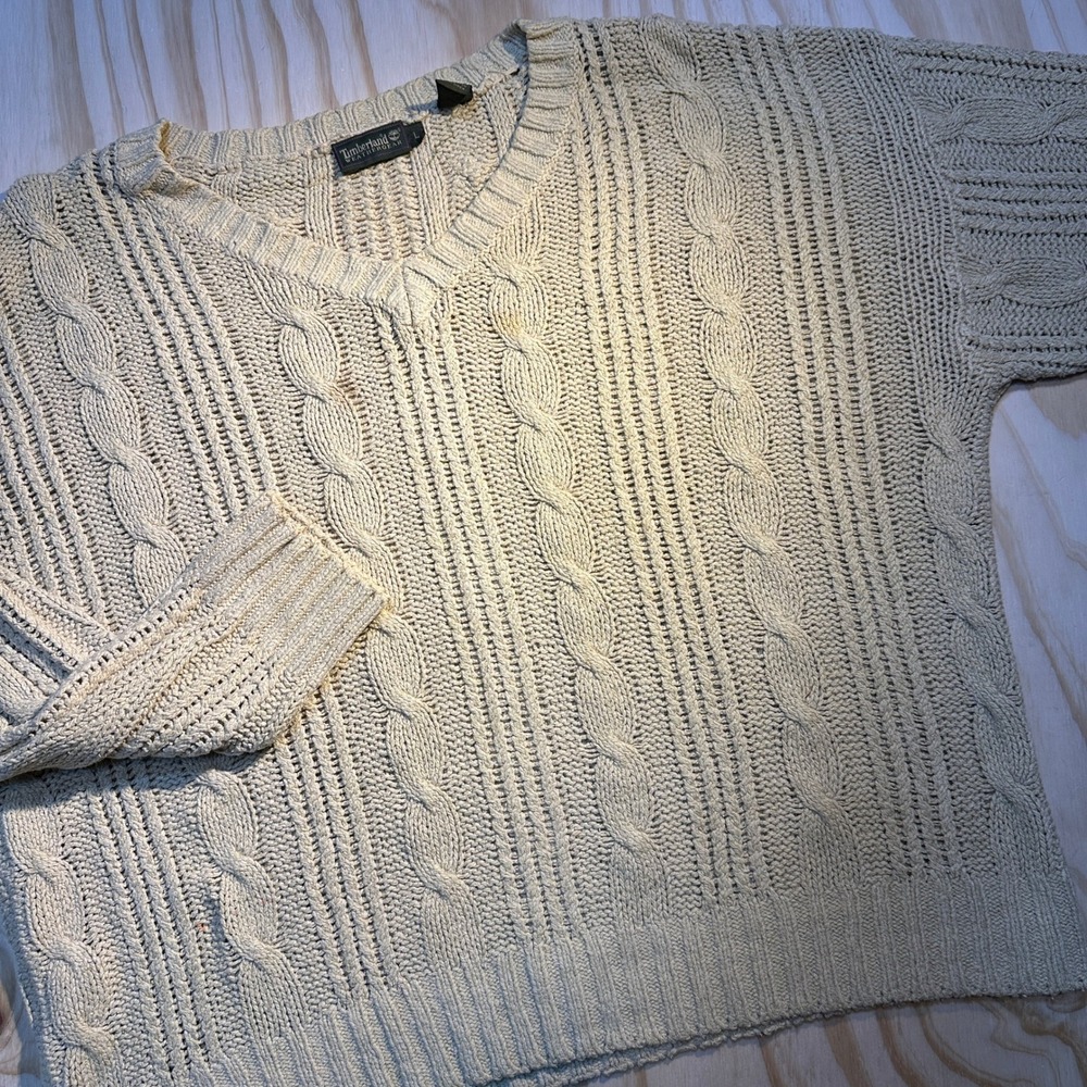 Timberland Weathergear Mens Large Beige Cable Knit V-Neck Sweater